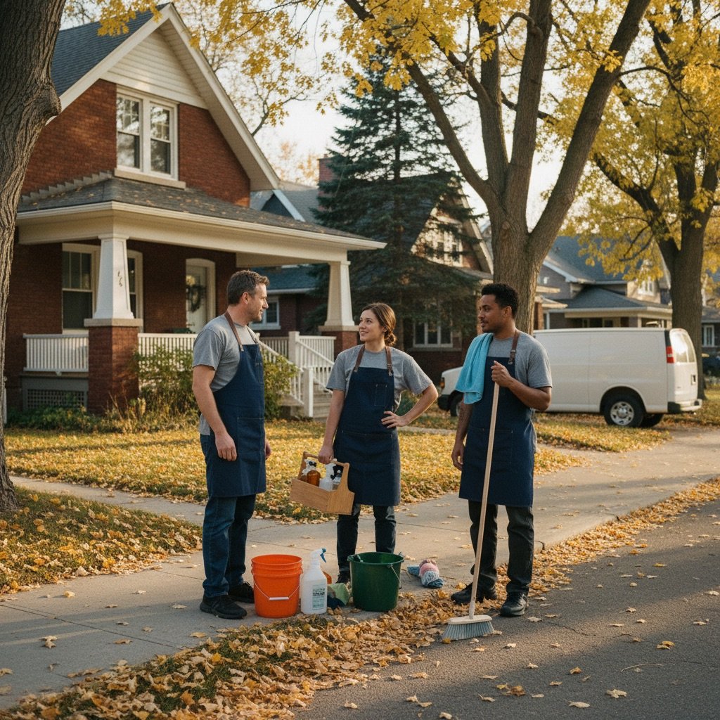 Three West Cleaning crew members in matching blue aprons in front of a classic Winnipeg house at the end of an autumn workday, mid-conversation with their cleaning caddy and white work van behind them.