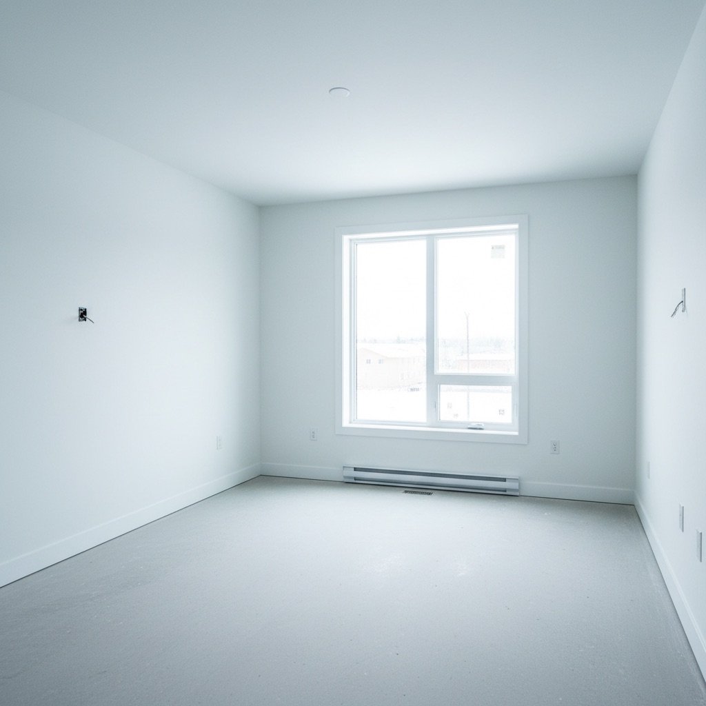 A freshly renovated empty Winnipeg interior with white walls, polished floor, and clean midday light from a new window.