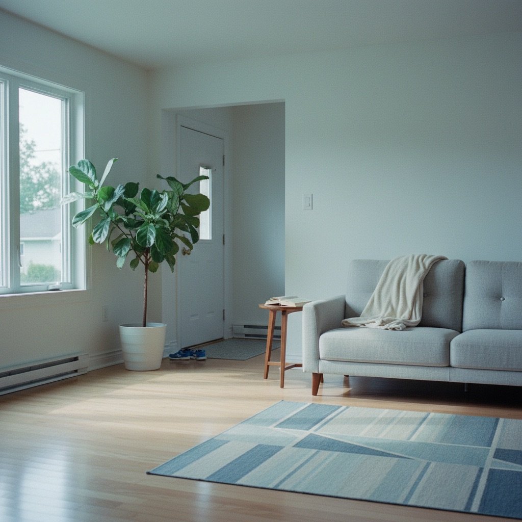 A freshly cleaned Winnipeg living room with afternoon light through the window, fiddle-leaf plant, and a folded throw on the sofa.